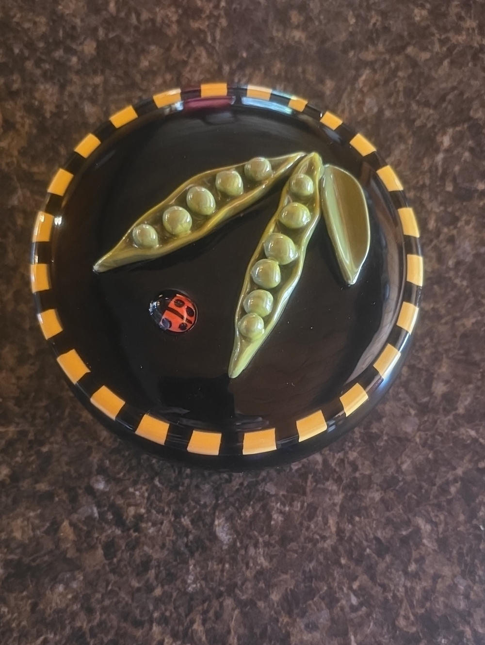 Zrike Black & Yellow Ceramic Pea Pod Trinket Dish Designed By Eileen Tremonte.